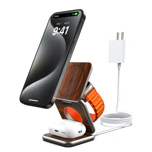 KU XIU X40 Magnetic Wireless Charger, 3 in 1 Wireless Charging Station for Apple Devices, Foldable Portable 15W Fast Charging Stand for iPhone 15 14 13 12 Pro Max & Apple Watch, AirPods - Wood Grain