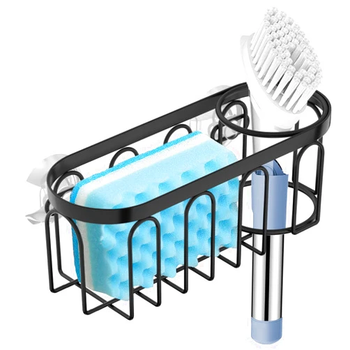 Yazoni 2-in-1 Sponge Holder for Kitchen Sink, Suction Cup Sponge Rack Kitchen Sink Caddy, No Drill Rustproof Kitchen Sink Organizer for Place Dishwashing Brush Soap and Sponge (Black)