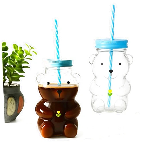 Vulvv 2025 New Bear Straw Cup, Cute Bear Glass Cup with Straw 20oz, Cute Mugs, Coffee Bears Drink with Lid for Juice Milk Tea Smoothies Infused Water Beverage (Style A)
