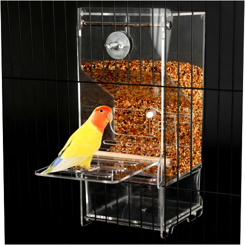 HOSUKKO No Mess Bird Feeder Automatic Thickened Bird Seed Food Container Transparent Acrylic Parrot Food Holder with Stand, Bird Feeder for Cage, Reducing-Waste Foraging Feeder for Small Birds