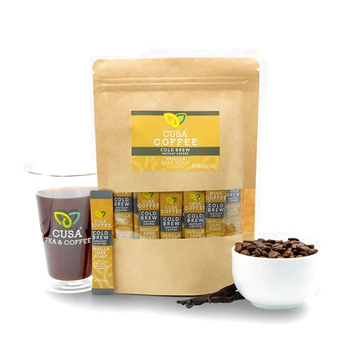 Cusa Tea & Coffee | Premium Instant Vanilla Dark Roast | Rainforest Alliance Certified Arabica Beans | Hot or Cold Brew Drink Mix Packets (30 Single Servings)