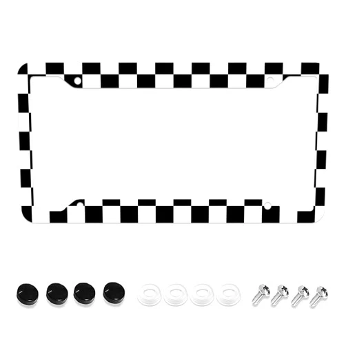 LOVEJIA Black White Checkered License Plate Frame, Cool License Plate Frames for Women Man, Car License Plate Holder Funny Car Tag Frame Decor 4 Hole (RDL-83)