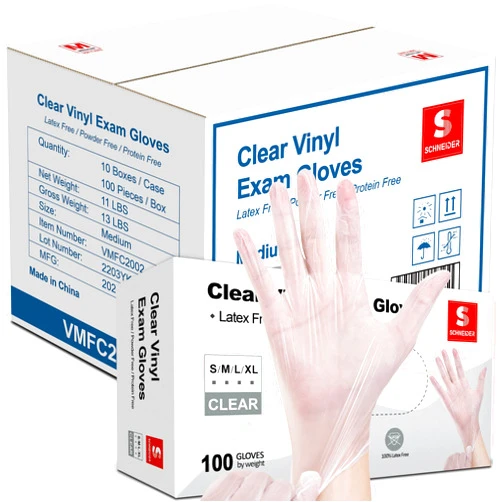 Schneider Clear Vinyl Exam Gloves, Latex-Free, Disposable Medical Gloves, Cleaning Gloves, Food Safe, Powder-Free, 4 mil