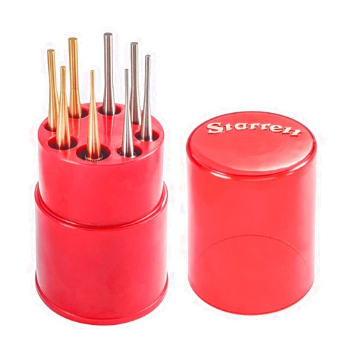 Starrett Steel & Brass Drive Pin Punch Set with Knurled Grip in Round Red Plastic Box - 4