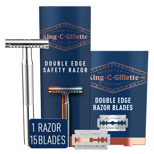 King C. Gillette Safety Razor with Chrome Plated Handle and 5 Platinum Coated Double Edge Safety Razor Blade Refills with Double Edge Safety Razor Blade Refills, 10ct