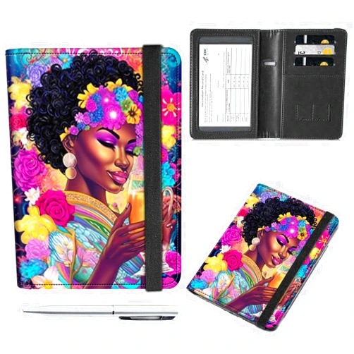 Decahouy Passport and Vaccine Card Holder Combo,Passport Holder Passport Wallet,Black Leather Travel Documents Organizer Protector,with RFID Blocking,for Women and Men,Credit Card,African American Girl