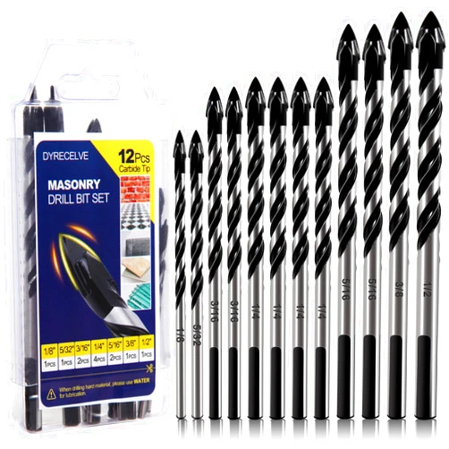 DYRECELVE 12-PCS Masonry Drill Bit Set & Concrete Drill Bit Set, 1/8 to 1/2 inch Professional Carbide Drill Bits Tip for Glass, Tile, Brick, Cement Concrete Plastic Wood etc. Masonry Drill Bits Set by DYRECELVE