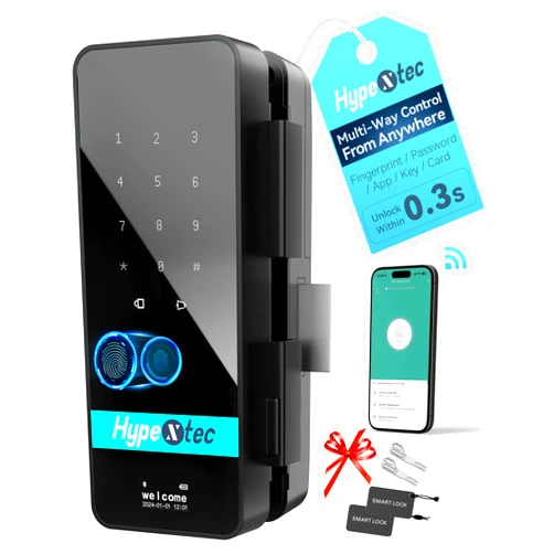 HypeXtec No-Drill Smart Glass Lock for Frameless Doors,Auto-Reversal Keyless Entry Gate Locks with 5 Unlock Ways,WiFi App Control/Fingerprint/IC Card/Password/Keys