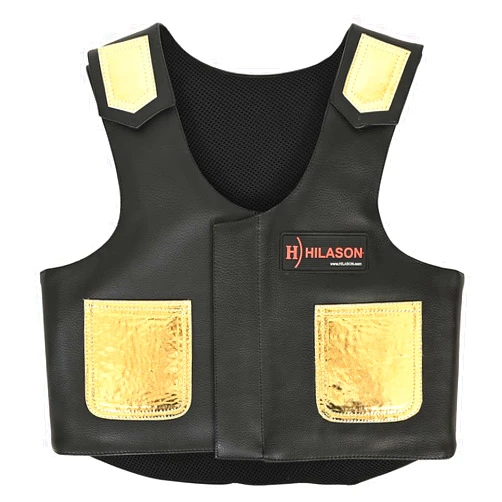 HILASON Kids Junior Youth Horse Riding Pro Rodeo Leather Protective Vest Black with Metallic Gold | Youth Rodeo Vest | Leather Vest