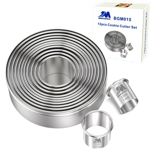 M JINGMEI Round Cookie Biscuit Cutter Set 12 Pieces Graduated Circle Pastry Cutters 18/8 Stainless Steel Cookie Cutters1inch - 4 1/2inch Donut Cutter Ring Molds GIFT Package