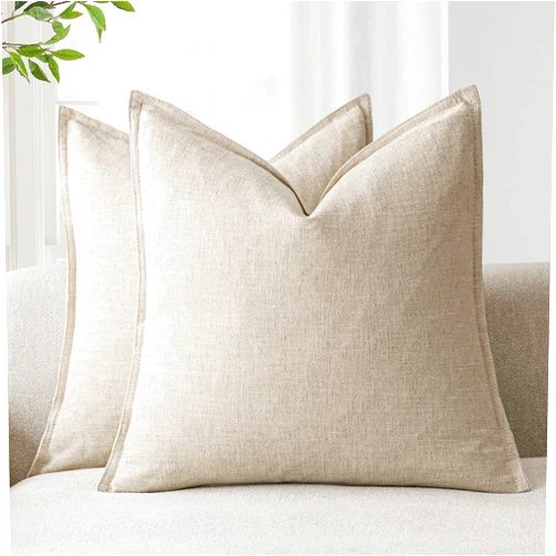 Foindtower Pack of 2, Decorative Linen Soild Throw Pillow Covers Soft Accent Cushion Case Boho Farmhouse Neutral Pillowcase for Couch Sofa Bedroom Living Room Home Decor 18 x 18 Inch Natural Beige