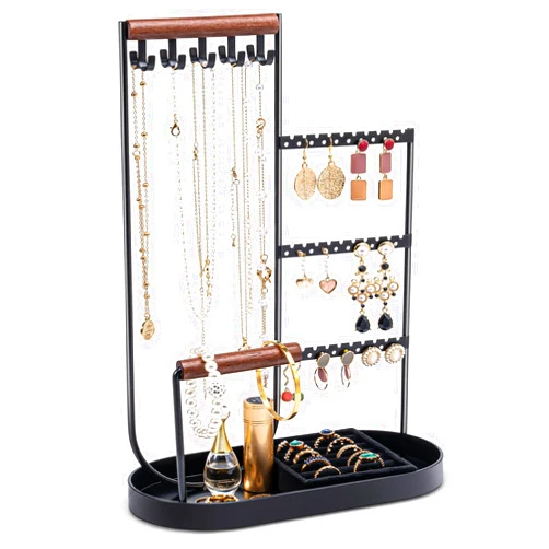 ProCase Jewelry Organizer Tower, 10 Hooks Jewelry Storage Rack Tree Holder Stand with Velvet Ring Display Tray for Necklaces Bracelets Earrings Rings Watches -Black