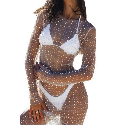 NUFIWI Women Sexy See Through Pearl Rhinestone Cover Up Summer Beach Sheer Mesh Long Dress Bikini Cover Ups
