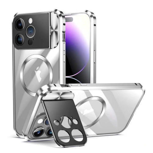PboyiqiS iPhone 15 Pro Max Case Double Sided Buckle, Compatible with Magsafe Magnetic Adsorption Metal Bumper, with Camera Cover, Full Body Protection Metal Bumper Case (Silver, iPhone 15 Pro Max)