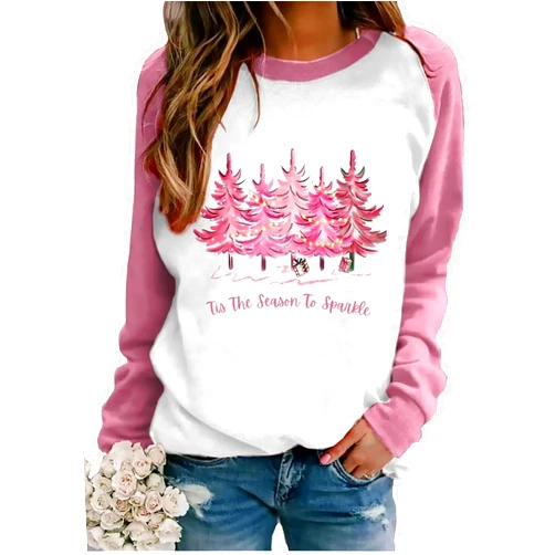 LLHXRUI Women Christmas Tree Tis The Season to Sparkle Print Sweatshirt Casual Color Block Splicing Christmas T Shirts Top