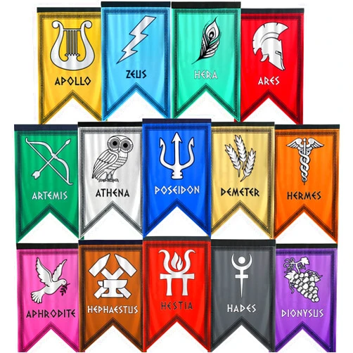 Htabiol Greek Gods Banners, 14pcs Percy Jackson Cabin Banners, Htabiol Greek Mythology Party Banner, Percy Jackson Cabin Flags, Fit for Percy Jackson Party, Percy Jackson Birthday Party (12
