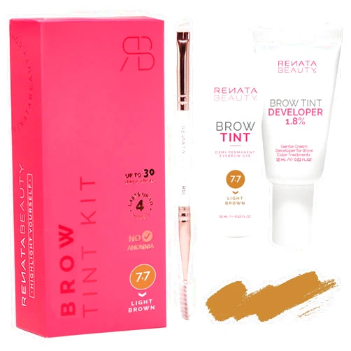 RB RENATA BEAUTY Brow Tint Kit – Eyebrow Tint Set – Dye Kit with Color Tint, Cream Developer and Styling Brush – Long-Lasting Effect Up to 4 Weeks – 30 Applications [Light Brown]