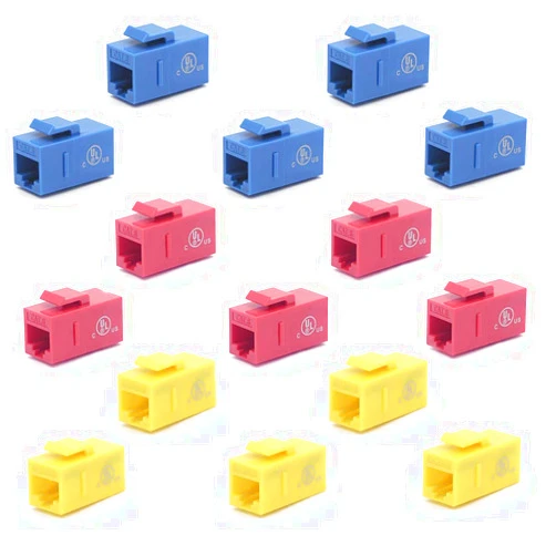 VCE CAT6 Keystone Coupler UL Listed 15-Pack, RJ45 Female to Female Insert Coupler UTP Keystone Inline Coupler Blue+Red+Yellow