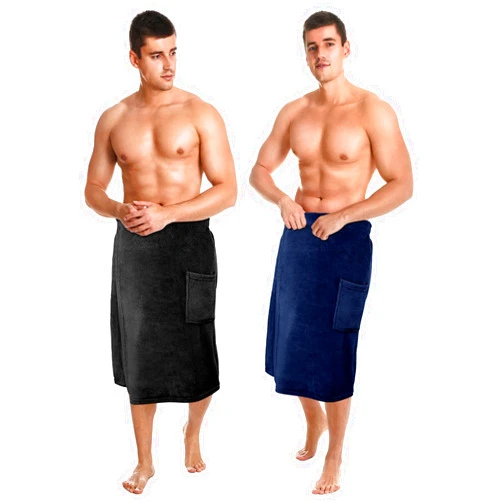 Tudomro 2 Pcs Men's Bath Wrap Towel Shower Wrap Towel Adjustable Terry Body Spa Towels with Pocket After Shower Wrap for Men Gift Shower Spa College Bath Dorm Room Gym(Medium,Black, Navy Blue)