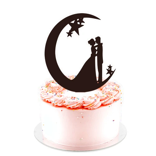 Flairland Moon Wedding Cake Topper, Bride and Groom Vow In the Moon for Engagement Party Decoration,Black