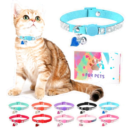 DILLYBUD Rhinestone Cat Collar Breakaway with Bell, Diamond Cat Collar with Safety Buckle Quick Release for Girl Boy Small Kitten Pets Puppy,Cute Soft Female Male Cat Collars, Color Blue 8-12