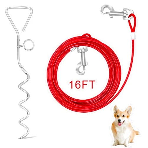 Relux Dog Tie Out Cable and Stake, 16FT Outdoor Dog Stake for Yard Training, Running, Hiking,Camping, 16 Inch Heavy Duty Dog Anchor Spiral Stake for Small to Medium Dogs(Red)