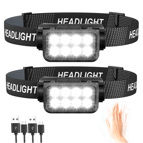 Sogdeco Rechargeable Headlamp Flashlight 2-Pack, 8 LED 2500 Lumen Ultra-Light Bright Headlight with Motion Sensor, Waterproof Lightweight Head Lamp for Adult Kid, Headlamps for Outdoor Camping Running Fishing