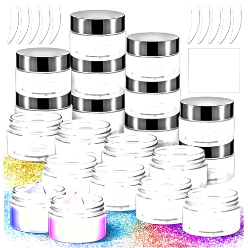 MotBach 20 Pack 1oz Clear Plastic Cosmetic Jars, 30ml Empty Small Round Cosmetic Jars Refillable Makeup Containers Leakproof Travel Cosmetic Containers with Black Lids for Sample Cream Lotion Powder