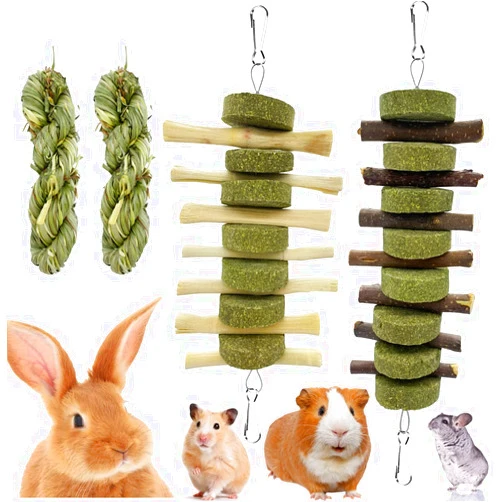 ROZJOVU Rabbit Guinea Pig Bunny Chew Toys for Teeth Grinding Cage Hanging Toy Organic Rabbit Treats for Bunny Chinchillas Hamsters(Bamboo+Apple Sticks+Alfalfa Cakes+Timothy Hay) (2 PCS)