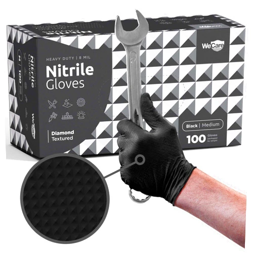 WECARE 8 Mil Nitrile Gloves - Heavy Duty Mechanic Gloves, with Diamond Grip - Powder and Latex Free Disposable Gloves