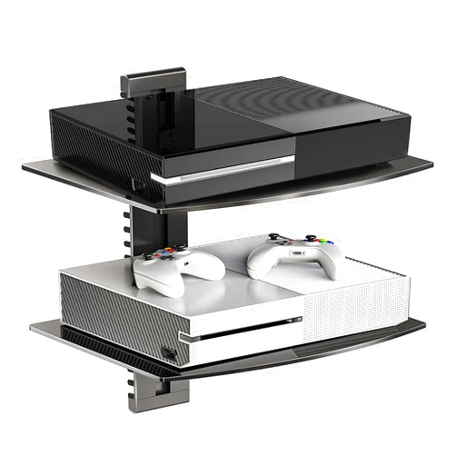 suptek Glass Floating Shelves, TV Wall Mount with Shelf for DVD Player / PS4 / Cable Boxes/Game Consoles/Sky Box/TV Accessories, Media Shelf, Flat Black Wall Mount Bracket, AV Shelf, 2 Tiers Shelves