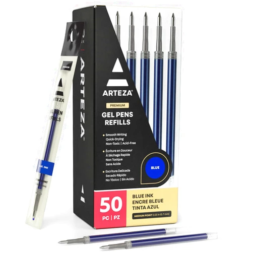 ARTEZA Gel Pen Refills Pack of 50 Blue Roller Ball Gel Ink Pen Refills, Quick-Drying, Nontoxic, Fine Point