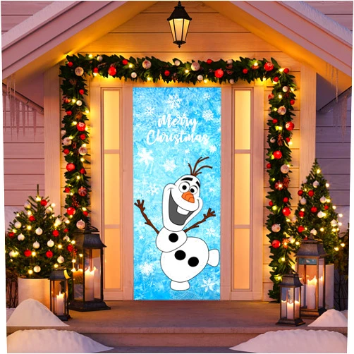 OWUH Christmas Snowman Door Cover Christmas Door Decorations Snowman Olaf Door Cover Christmas Winter Snowflakes Backdrop Door Cover for Front Door Outdoor Indoor Home Christmas Decor