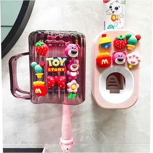 Mr. Thumbs Automatic Toothpaste Dispenser & Toothpaste Holders and Wall Mounted Cup 3 Piece in a Set, is Wall Mounted for Bathroom,Toothpaste Squeezer for Kids & Family Shower by Mr. Thumbs(Pink Set)