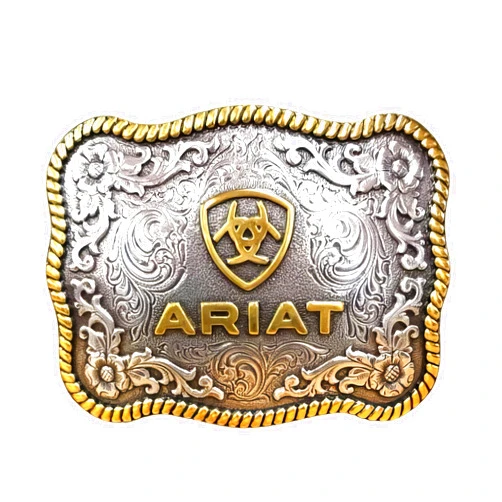 ARIAT Large Scalloped Shape Buckle with Logo, Floral and Scroll Detail, Twisted Rope Trim, 3.75