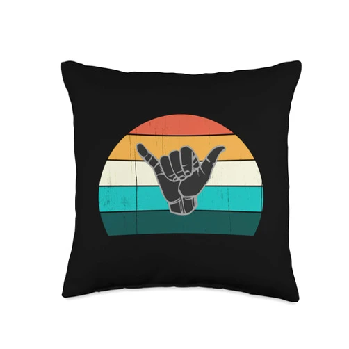 60s / 70s Surf & Surfer Designs Retro Shaka & Surf Sign-Cool Vintage Surfer/Surfing Gift Throw Pillow, 16x16, Multicolor