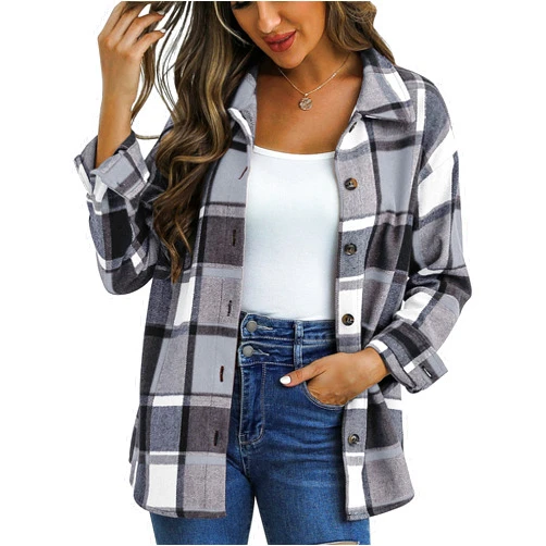 Traleubie Women's Flannel Jacket Plaid Shacket Lapel Button Down Long Sleeve Shirt Color Block Casual Coat