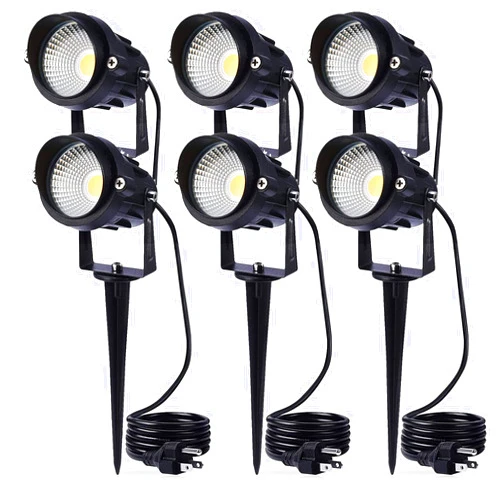 LCARED Led Spotlight Outdoor Landscape Lights Warm White 120V AC Waterproof Garden Spot Lights for Yard with Spiked Stake Patio,Lawn, Wall, Flood,Driveway Flag Lighting with US 3-Plug in (6 Pack)