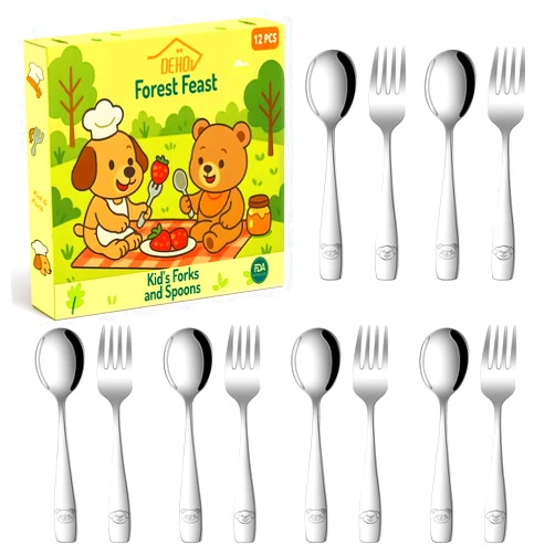 DEHOV Toddler Eating Utensils Set,Set Of 12 Food Grade Stainless Steel Silverware Sets For Kids,Dishwasher Safe Children Small Metal Spoons And Forks Flatware Sets