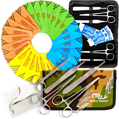Matrix Wizard Mixed Suture Threads with Needle Plus Tools 40PK (28Pcs Dissolvable + Non-dissolvable w/ 12 Tools) Sutures Student’s Suture Practice Kit, Suturing Surgical Training, First Aid Emergency Demo, Vet Use