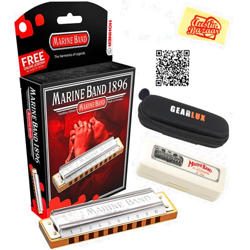 Hohner Marine Band 1896 Harmonica - Key of C Bundle with Zip Case, Instructional Manual, and Austin Bazaar Polishing Cloth