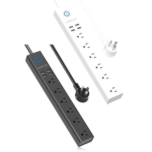 AUOPLUS 2 Pack, White & Black, Surge Protector Power Strip with USB Ports, 10ft Extension Cord, 6 Outlets and 4 USB Ports, AUOPLUS Mountable Flat Plug with Overload Protection