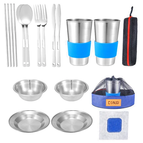 CONJGI Outdoor Camping Mess Kit - 1 to 2 persons Camping Dishes Includes Cups, Bowls, Dishes, Knives, Forks, Spoons, Etc, Camping Dinnerware Set with Mesh Bag is Easy to Carry Camping Tableware Set