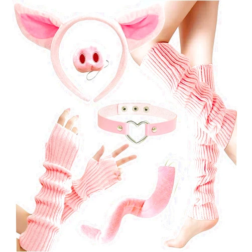 OLYPHAN Pig Costume Accessories for Women Sexy Piggie Costumes- Pink Arm Sleeves & Leg Warmers with Miss Piggy Ears Headband, Piglet Snout Nose, Swiggly Tail & Heart Necklace Choker Adults Halloween & Cosplay