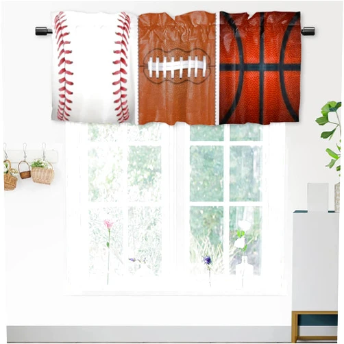 DGESTE Sports Balls Valance Curtains for Kitchen Bathroom Bedroom Cafe Living Room,Basketball Baseball Football Balls Print Art Rod Pocket Decor Short Window Curtain 1 Panel, 54x18 Inch