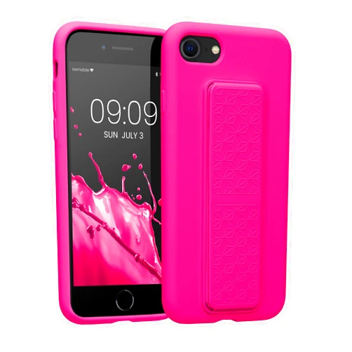 kwmobile Case Compatible with Apple iPhone SE (2022) / iPhone SE (2020) / iPhone 8 / iPhone 7 - Case with Hand Strap and Stand Soft TPU Silicone Coating - Neon Pink