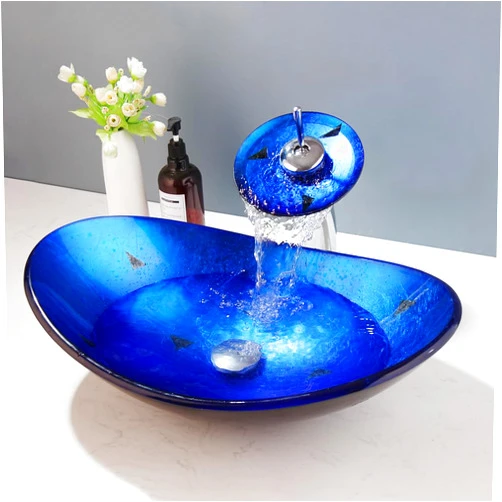Focitland Black&Blue Vessel Sink,Artistic Glass Vessel Sink with Waterfall Faucet and Drain Combo,Oval Vessel Sink,Boat Shape Bathroom Sink Above Counter Modern Tempered Glass Vessel Sink Bowl