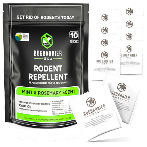 BugBarrier's Natural Mouse Repellent Pouches, USDA 99% Biobased, Peppermint & Rosemary Oils Repel Mice Eliminator - Safe for Kids & Pets - For Car, RV, Boat, Garage, Shed, Made in the USA (Pack of 10)