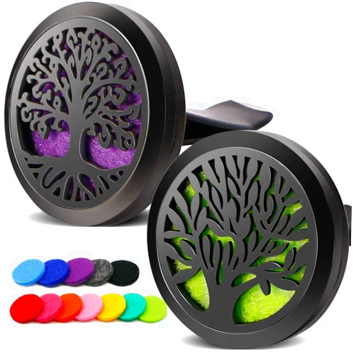 RoyAroma 2PCS Tree of Life Car Diffuser Aromatherapy Essential Oil Black Stainless Steel Locket with Vent Clip 12 Felt Pads