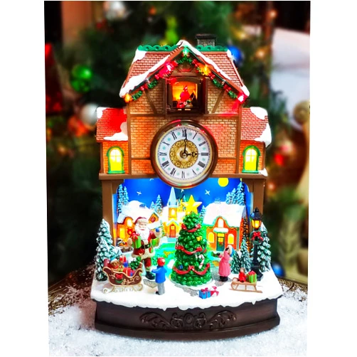 MOMENTS IN TIME Christmas Village Cuckoo Clock Animated Santa & Tree Scene with LED Lights and Music Plug-in Adapter Holiday Tabletop Decoration (17.5”H)